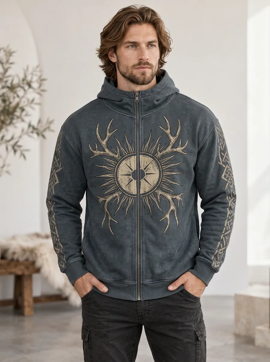 Men's Antler Sun Compass High-Neck Zip-Up Hoodie