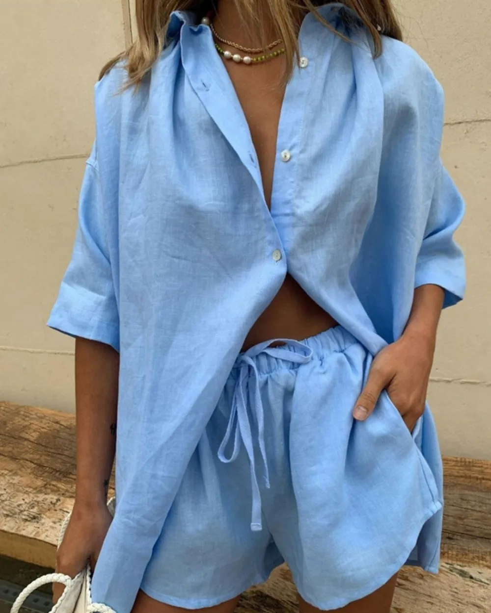 Casual V-Neck Shirt and Shorts Two-Piece Set