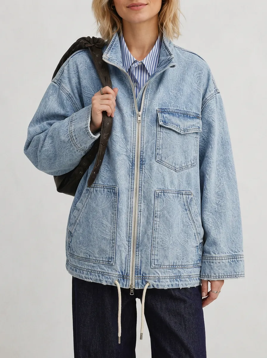 Women's Paisley Pattern Light Wash Printed Denim Jacket