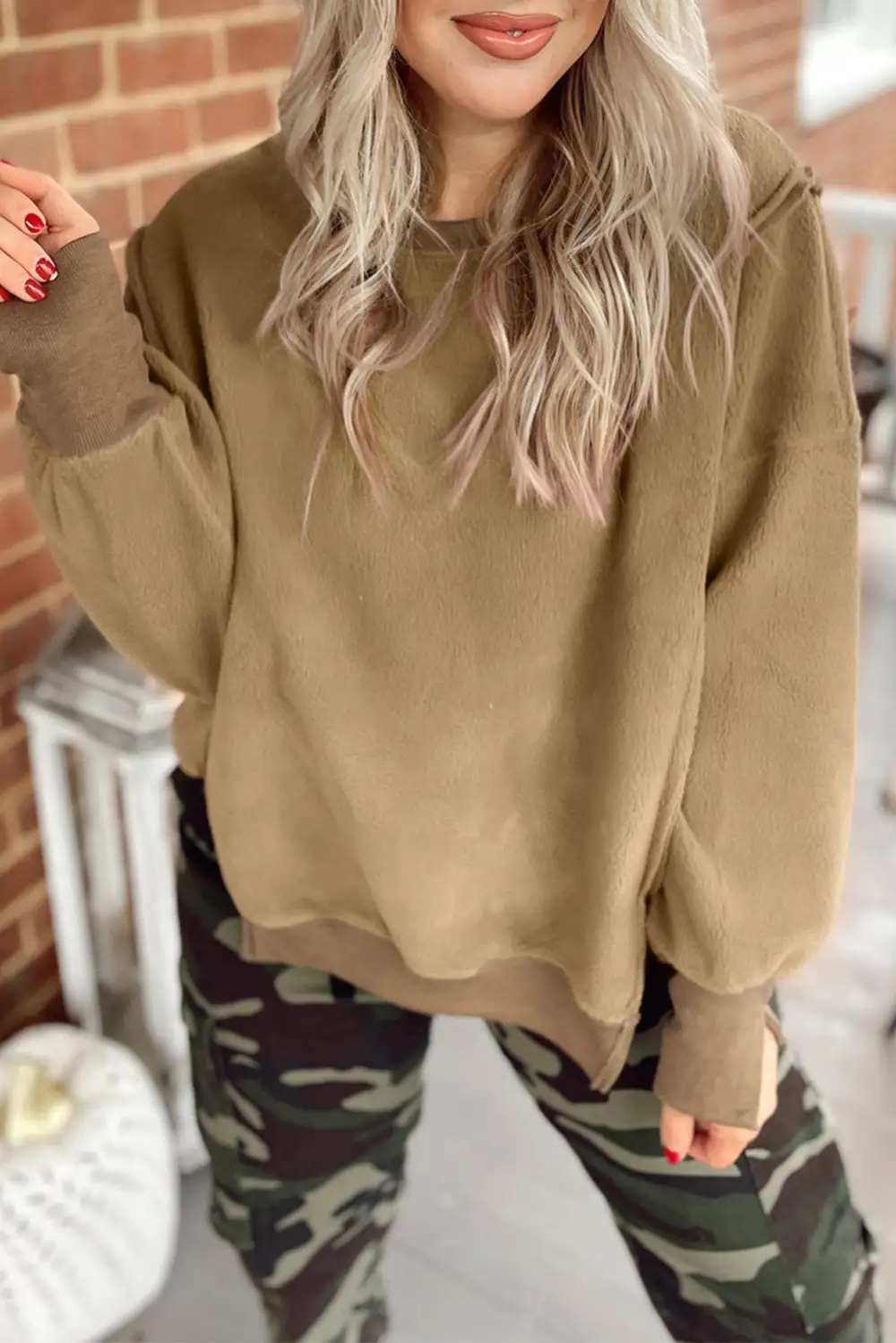 Sherpa Side Slit Pullover Sweatshirt