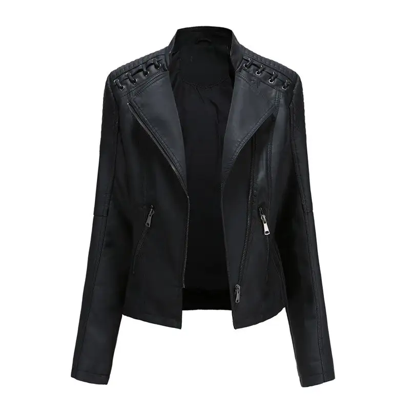 Lapel Faux-Leather Leather Casual Outerwear Jacket