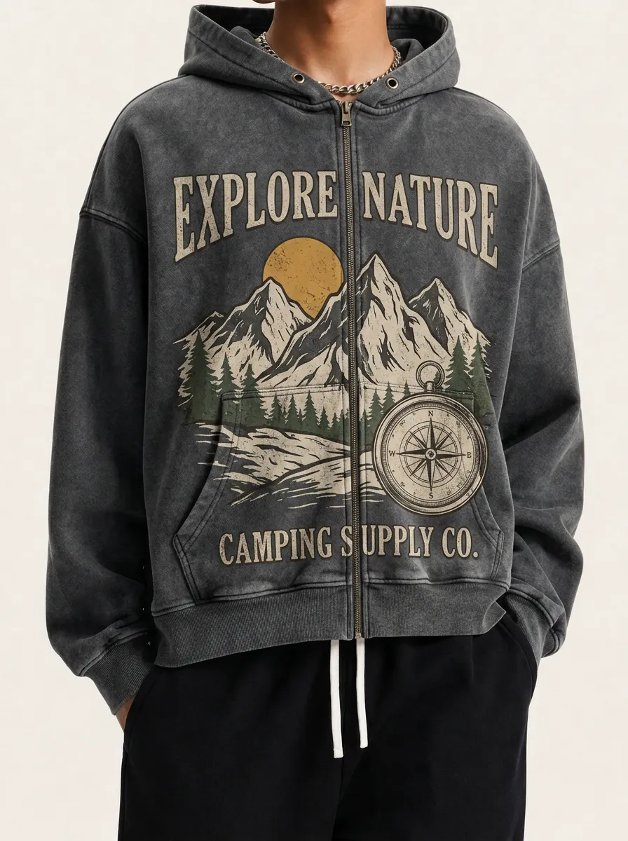 Men's Outdoor Camping Explore Nature Mountain Compass Printed Zip-up Hoodie