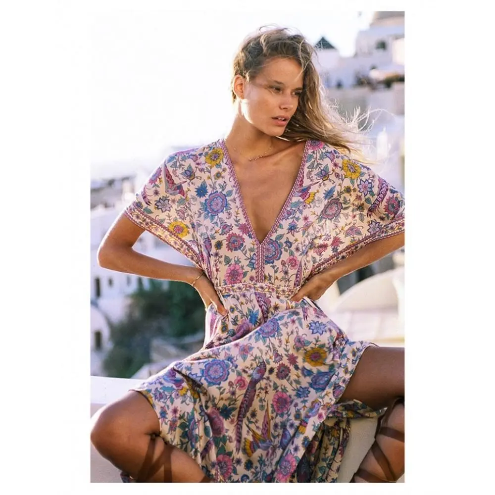 Wild Peacock & Flowers V-Neck Maxi Dress