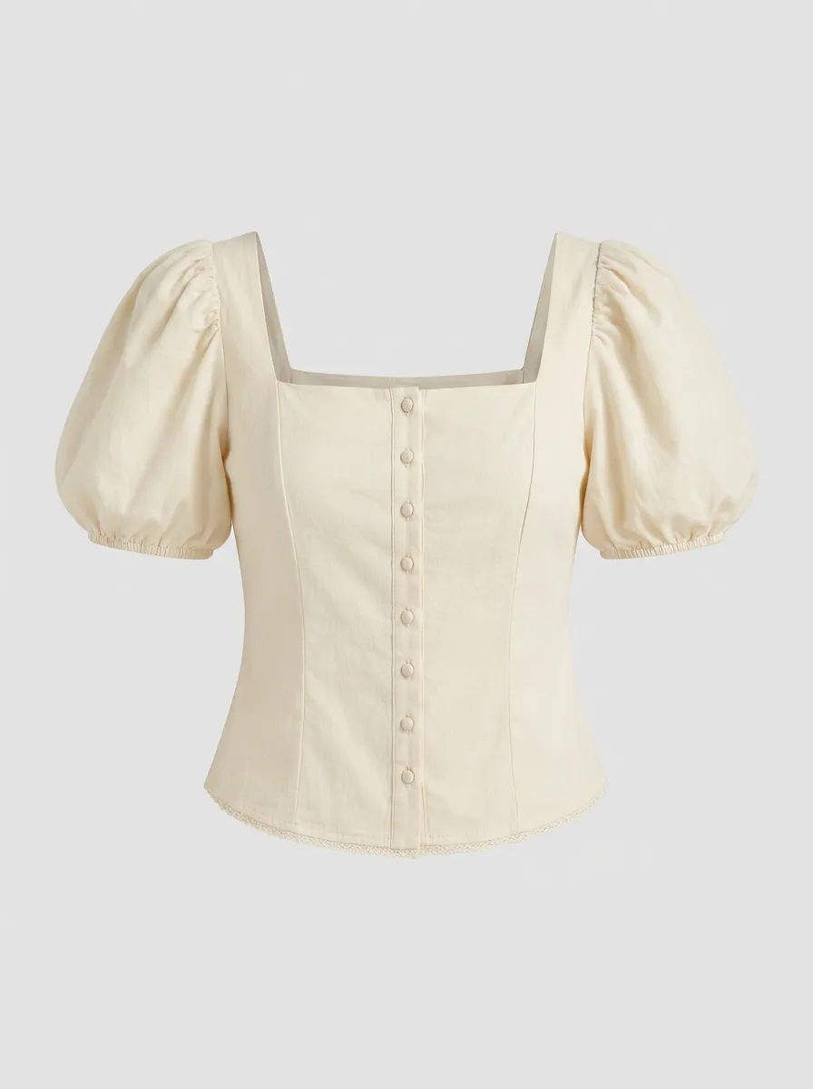 Women's Button Down Top Vintage Square Neck Puff Sleeve
