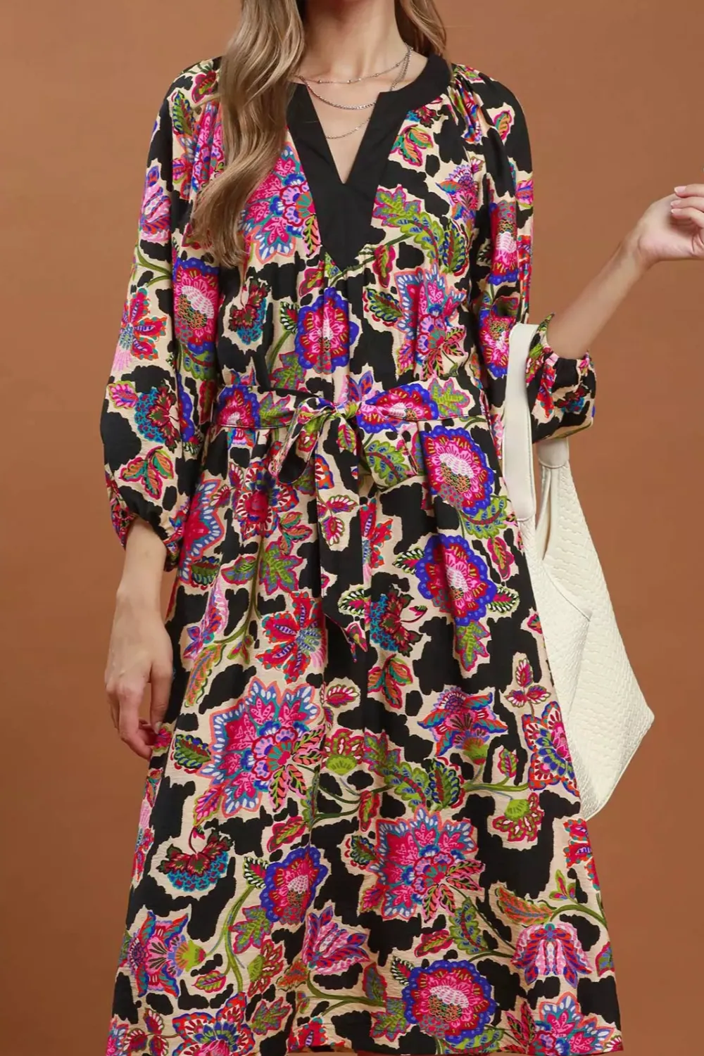 Abstract Print Embroidered Belted Midi Dress