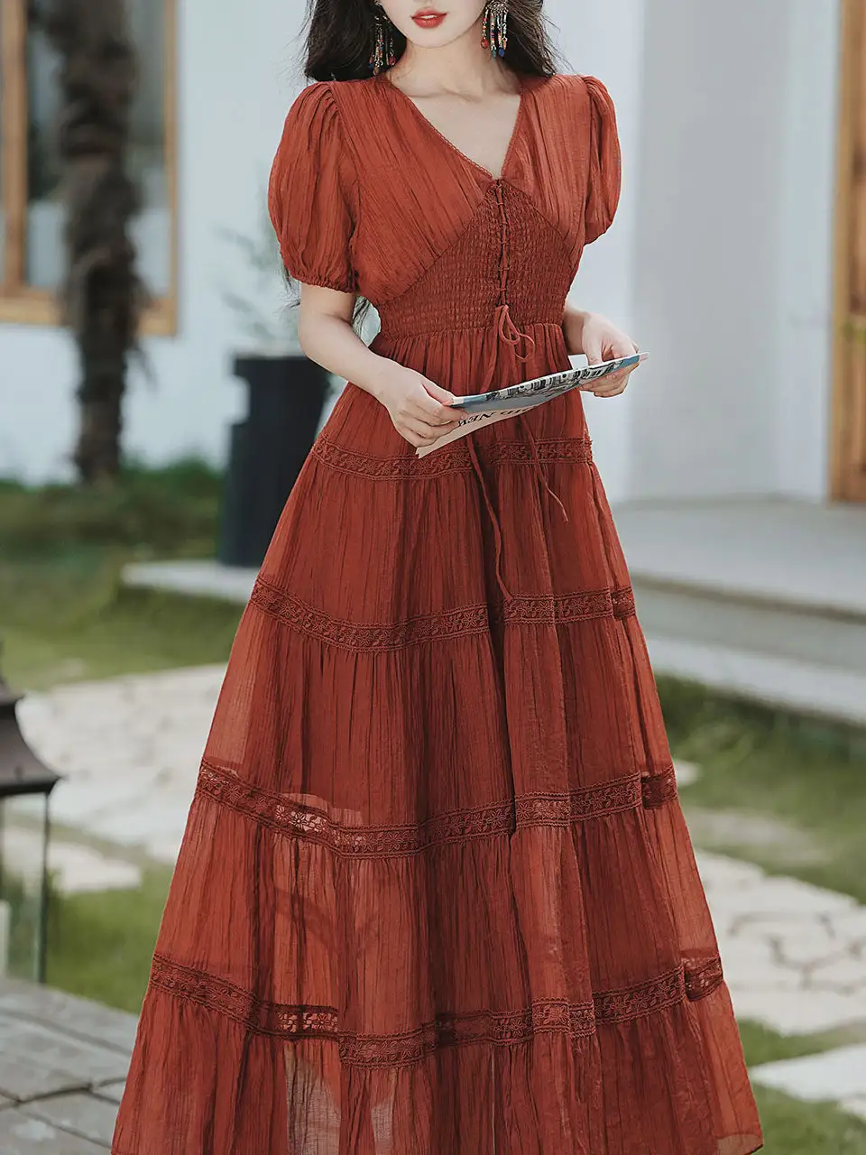 Pleated Puff V Neck Maxi Dress