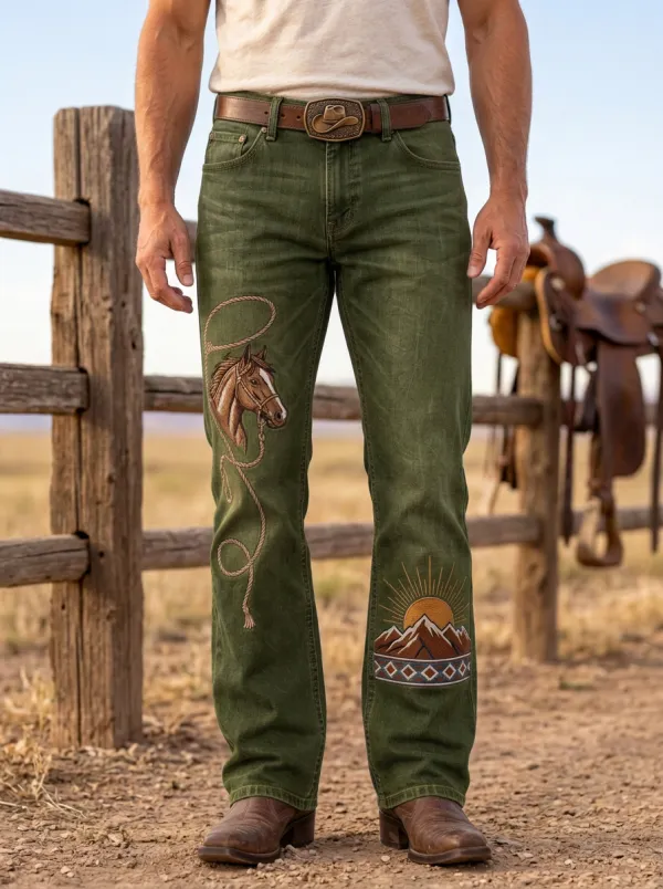 Men's Western Cowboy Horse Mountain Printed Jeans