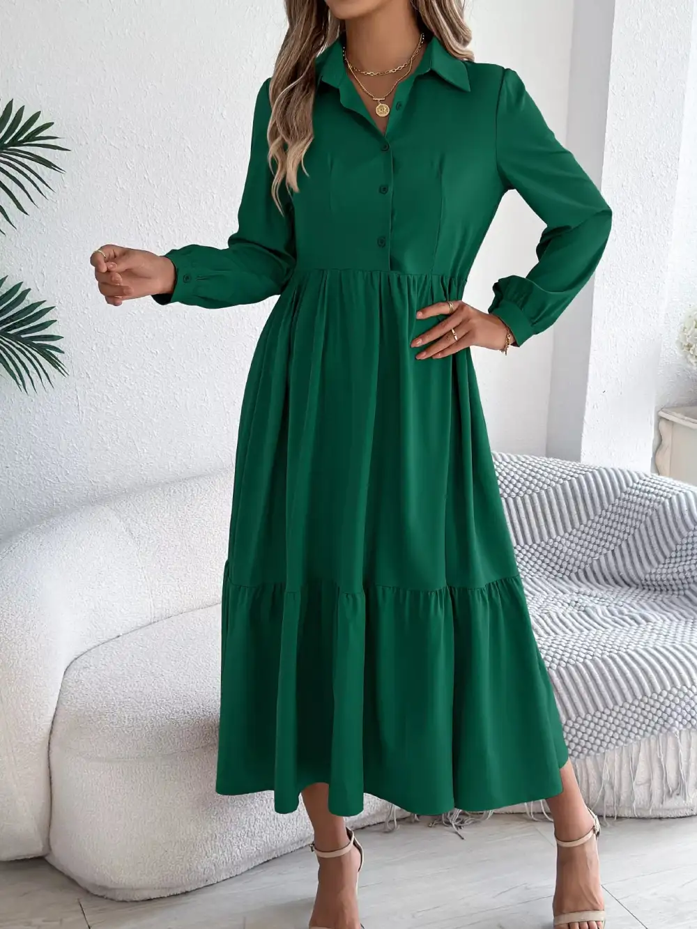 Button Front Tiered Long Sleeve Midi Dress