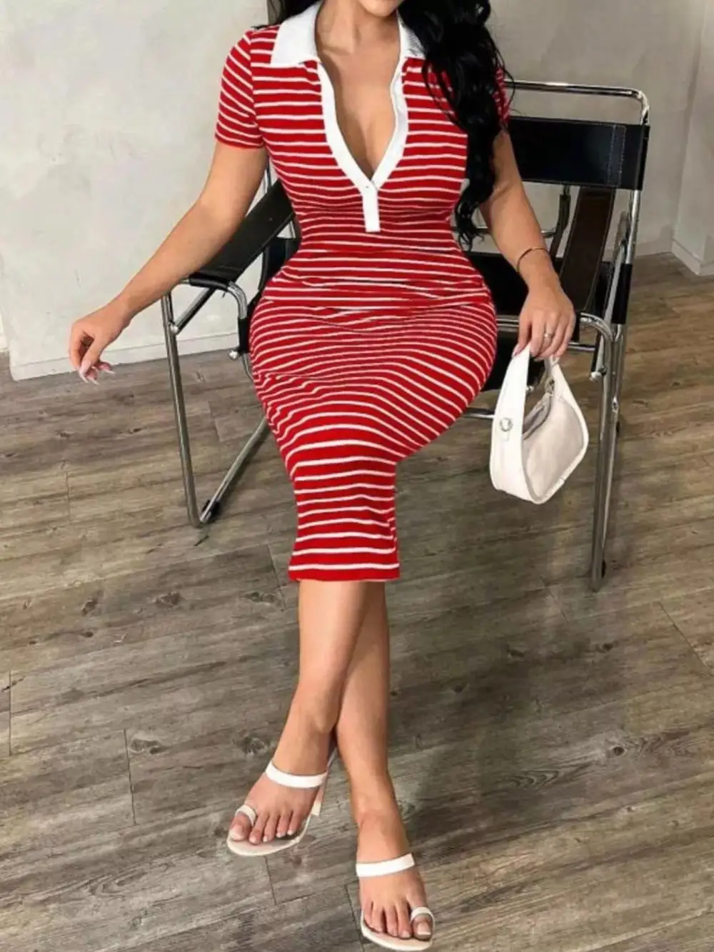 Striped Polo Collar Midi Dress