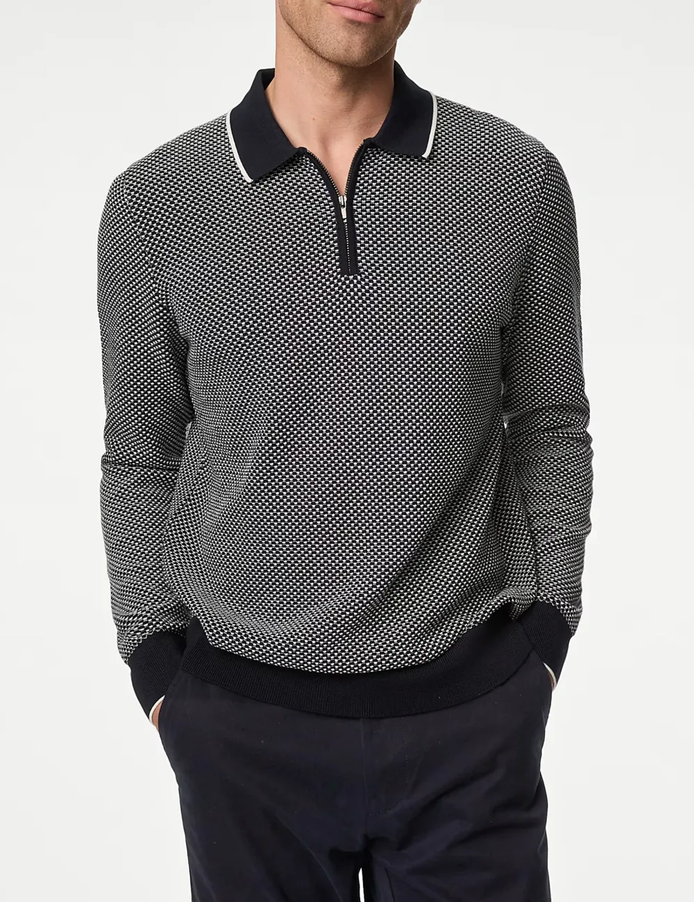 Long Sleeve Textured Knitted Polo Shirt