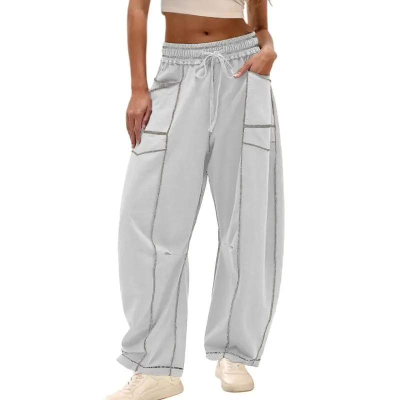 8PACKWomen'S Baggy Barrel Pants Wide Leg LoungeDrawstring Sweatpants With Pockets Minimalist BottomsCasual Style Comfortable Breathable