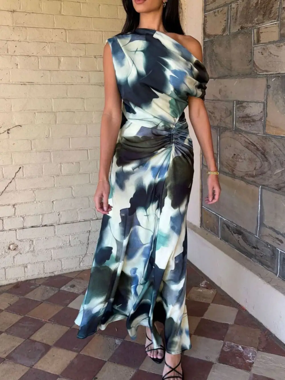 One Shoulder Floral Print Maxi Dress