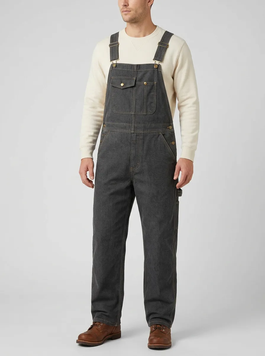 Men's Casual Workwear Charcoal Denim Bib Overalls