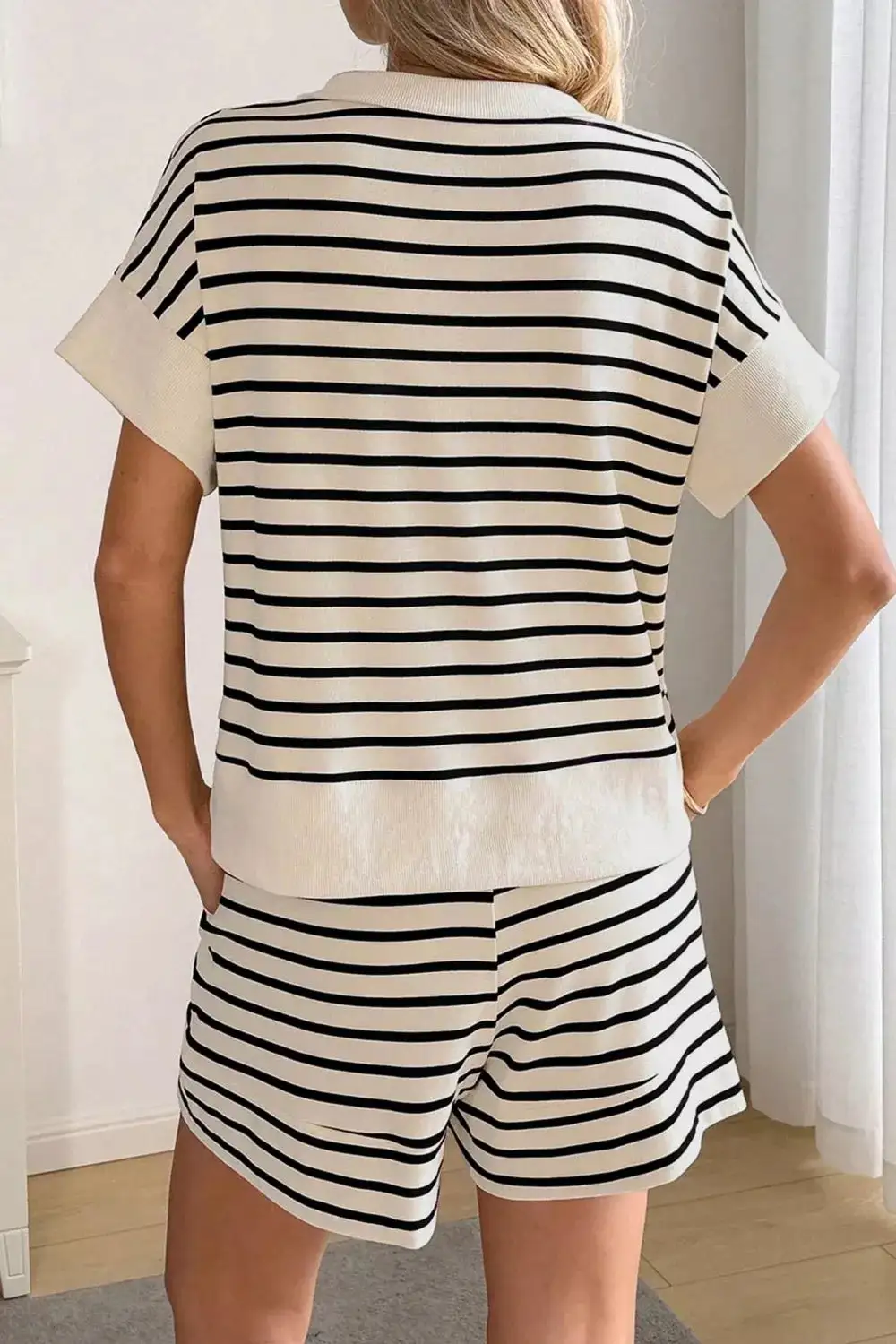 Zip-Detail Cotton Striped Half-Zip Top and Shorts Matching Set