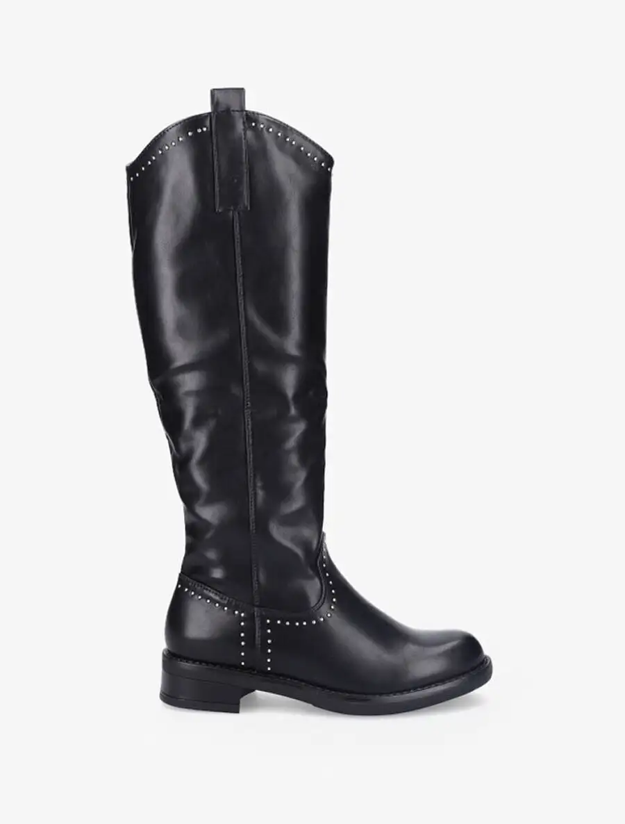 Polished Block Heel Faux Leather Flat Sole Knee High Boots
