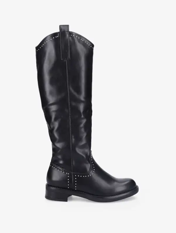 Polished Block Heel Faux Leather Flat Sole Knee High Boots