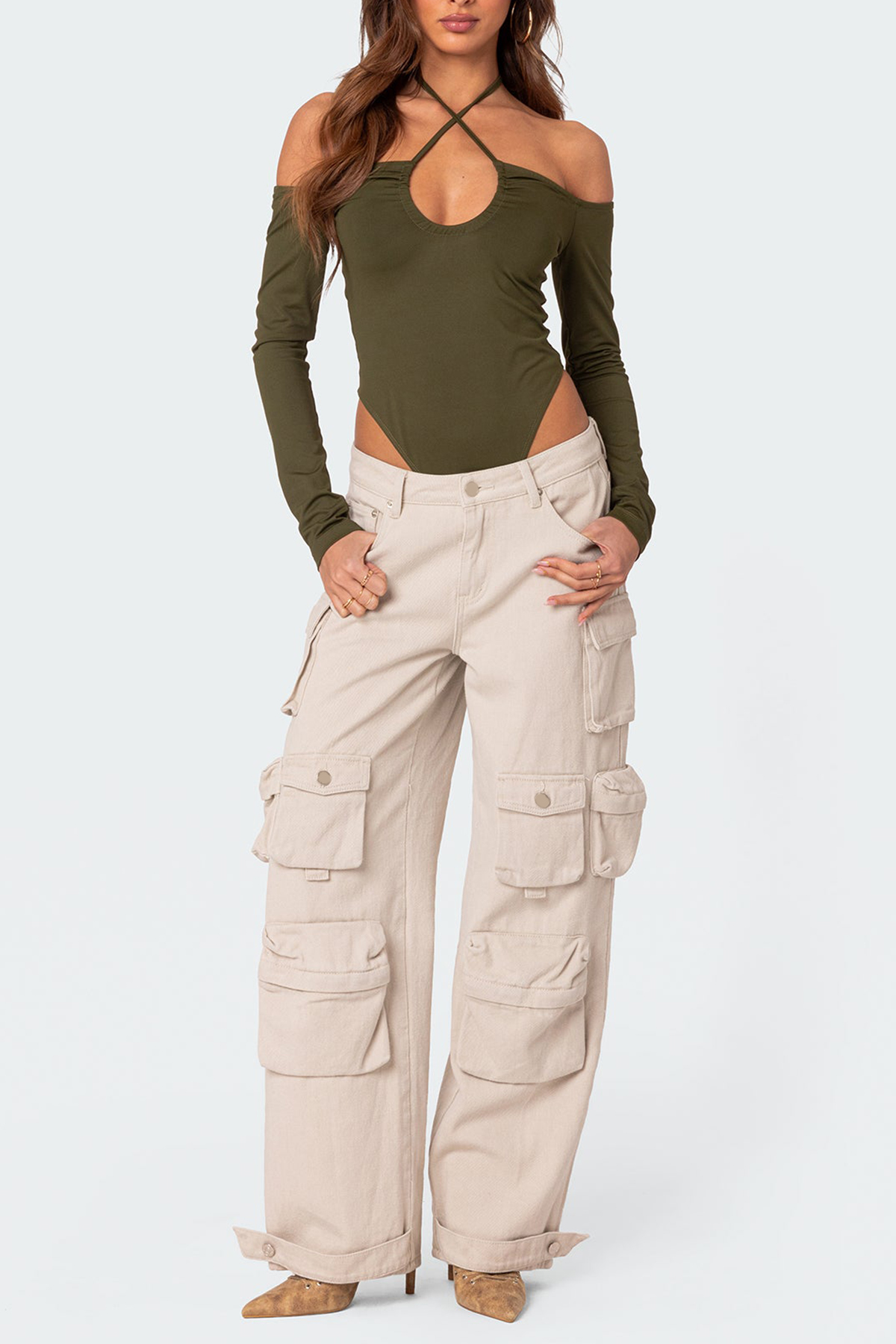 Cross-over Halter Hollow Long Sleeve Bodysuit