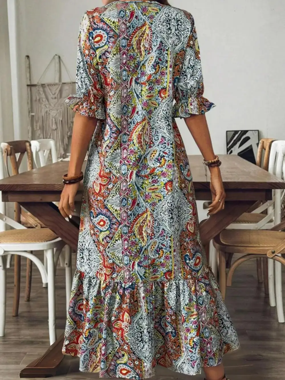 Paisley Print V Neck Midi Dress