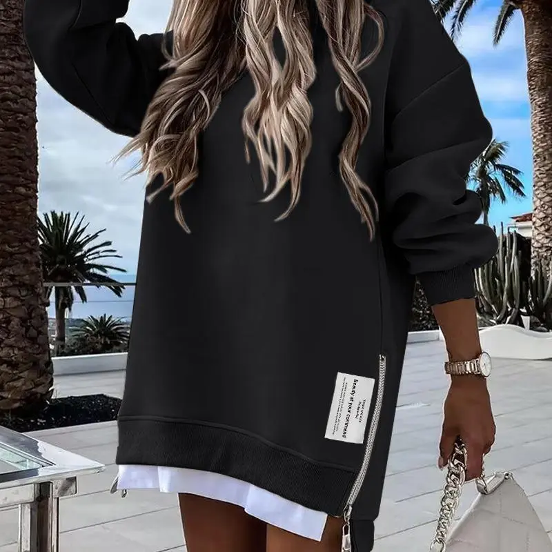 Women's Long Sleeve Pullover Sweatshirt Zipper Slit Casual Dress Drop Shoulder Oversized Outfits