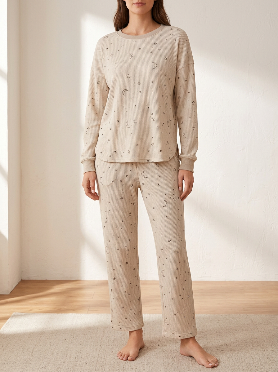 Women's Celestial Waffle-Texture Curved-Hem Lounge Set