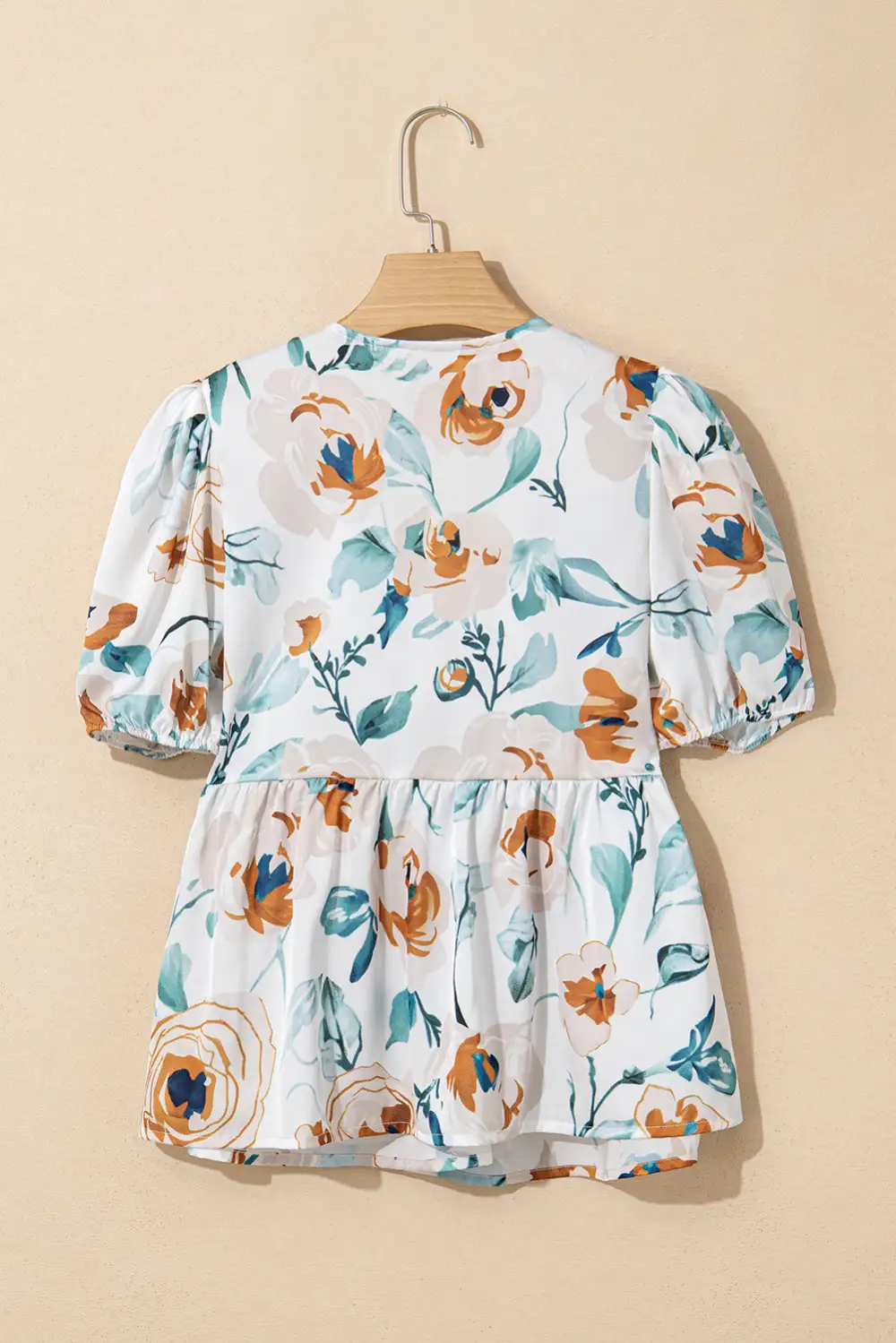 Green Floral Print Puff Sleeve V Neck Babydoll Blouse