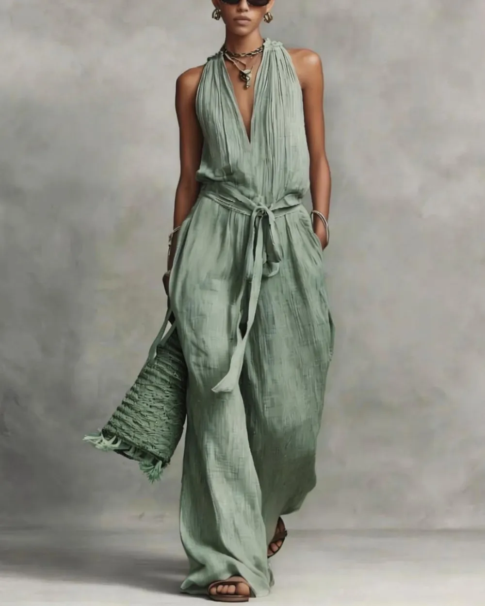 Deep V-Neck Halter Wide-Leg Jumpsuit