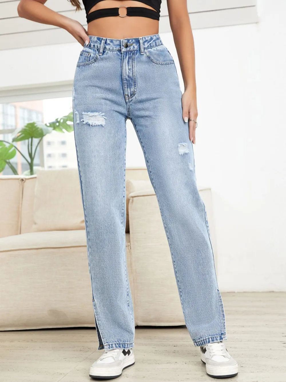 Straight Leg Distressed Slit Denim Jeans