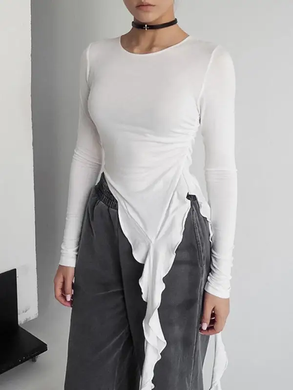 Long Sleeve Slim Fit Pleat Detail Round Neck Polyester T-Shirt