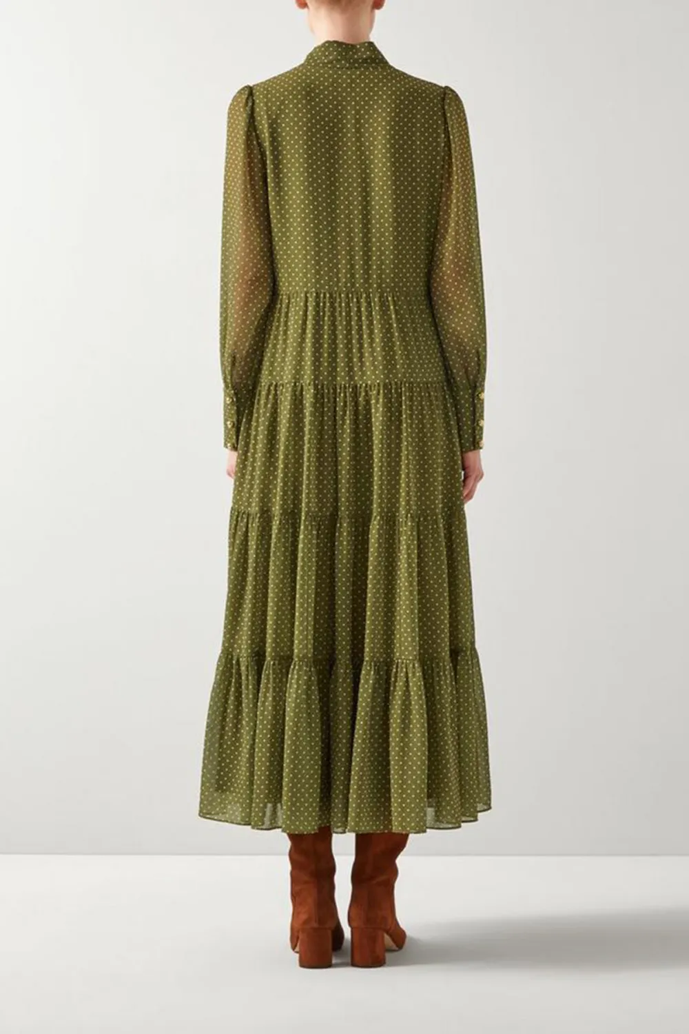 Green Polka Dot Tie Neck Tiered Dress