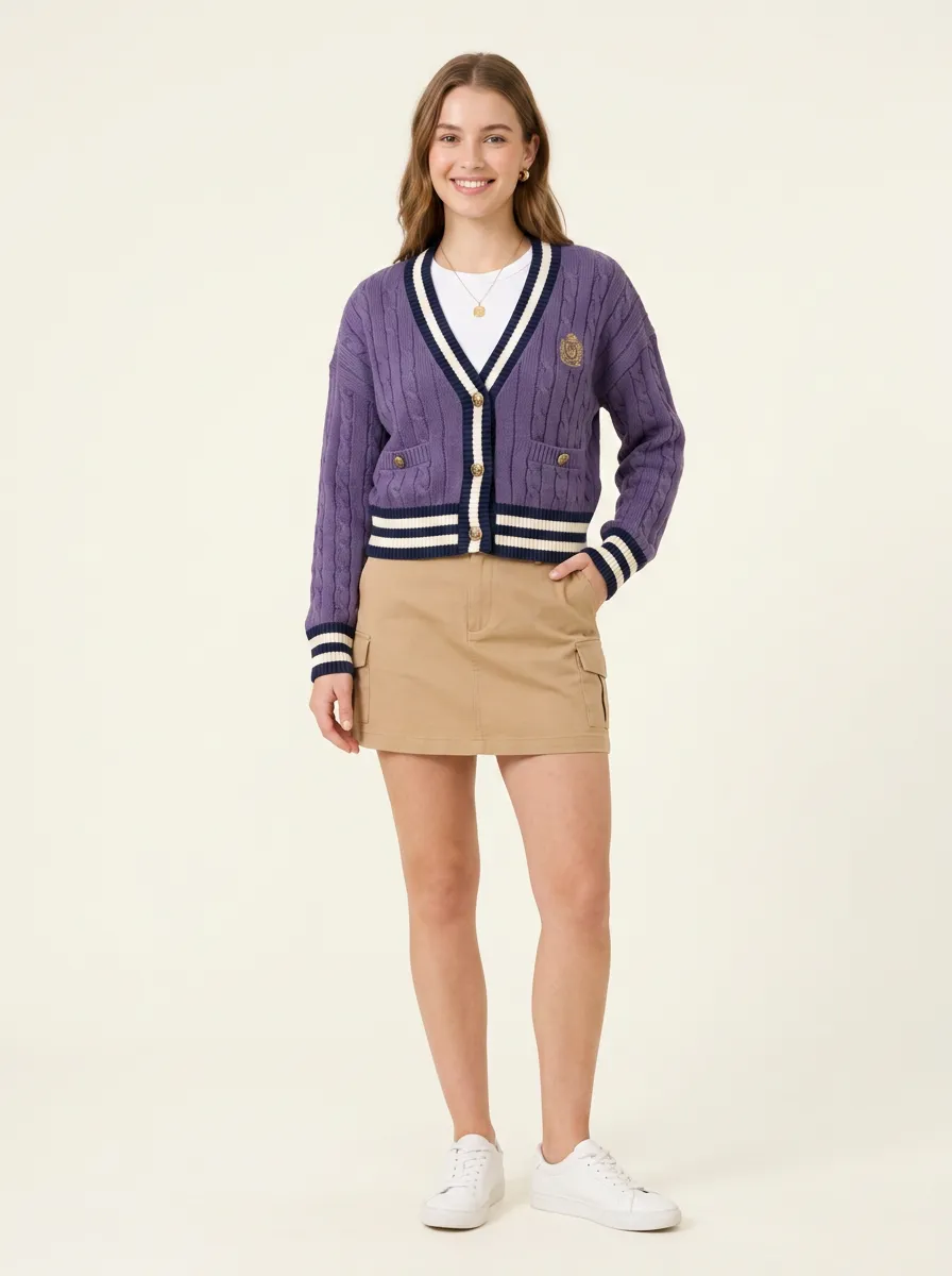 Women's Preppy Style Embroidered Emblem Cable Knit Cardigan