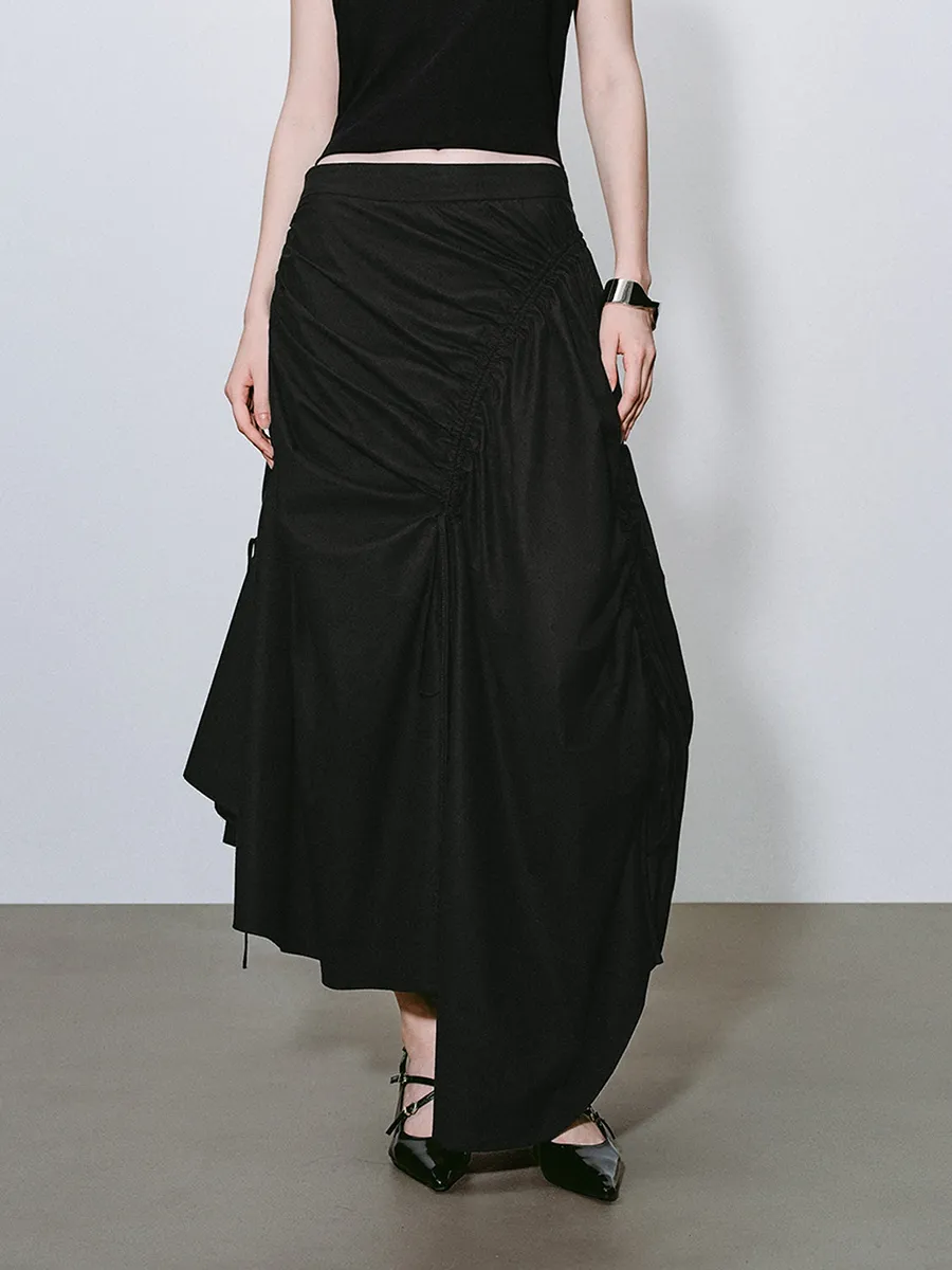 Ladies Black Irregularly Pleated Elegant Half-Length Dress