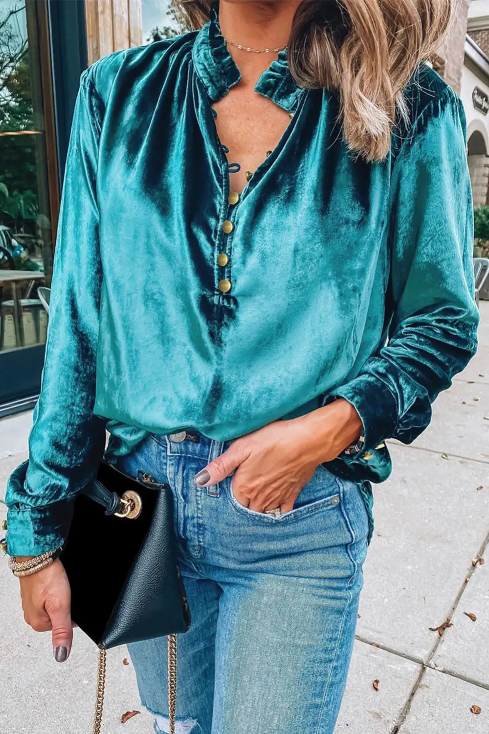 Velvet Frilled Button Front Top