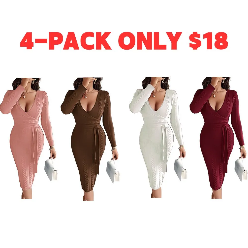 Women's Cable Textured Overlap Deep V-Neck Long Sleeve Mid-Length Dress Tie Waist Slim Fit Knit Dress