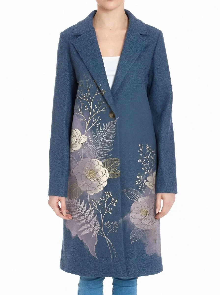 Women's Botanical Nature Lover Floral Fern Printed Wool Coat