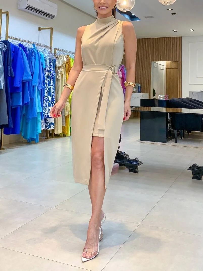 Elegant Stand Collar Fake Two Piece Midi Dress
