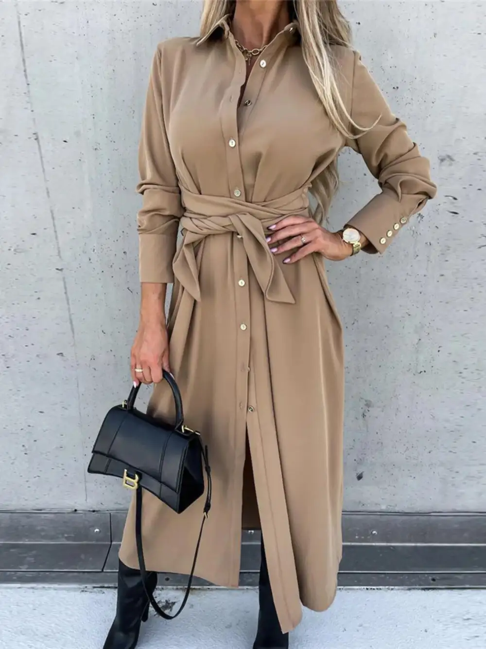 Textured Detail Button Front Long Sleeve Shirt Dress