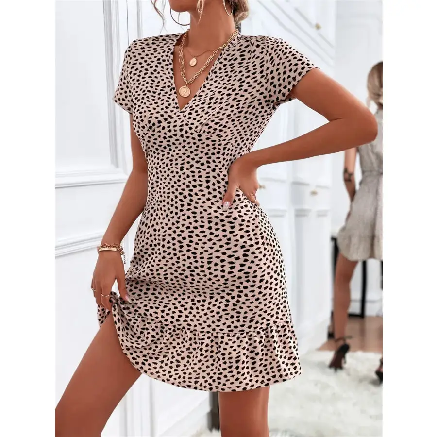 Ruffled Hem V-Neck Short Sleeve Mini Dress