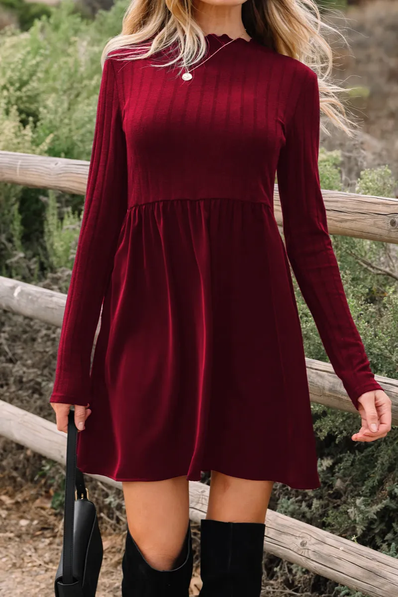 Dahlia Frilled Neck Ribbed Knit Patchwork Long Sleeve Mini Dress