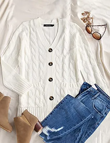 Women's Long Sleeve Cable Knit Sweater Open Front Cardigan Button Loose Outerwear