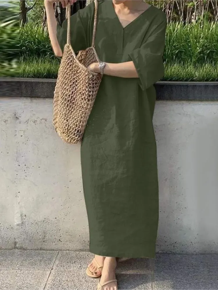 V-Neck Short Sleeve Linen Blend Maxi Dress