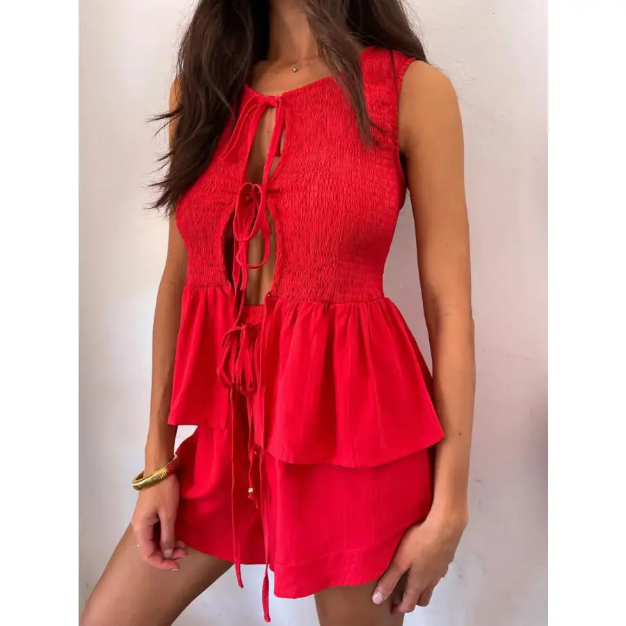 Tied Front Smocked Top and Shorts Set