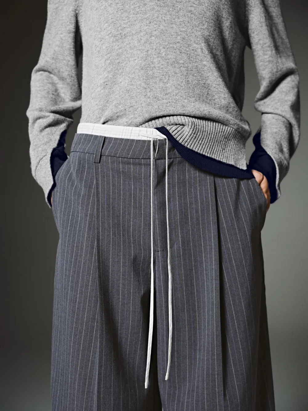 Ladies' Grey Striped Artistic Wide-Leg Trousers