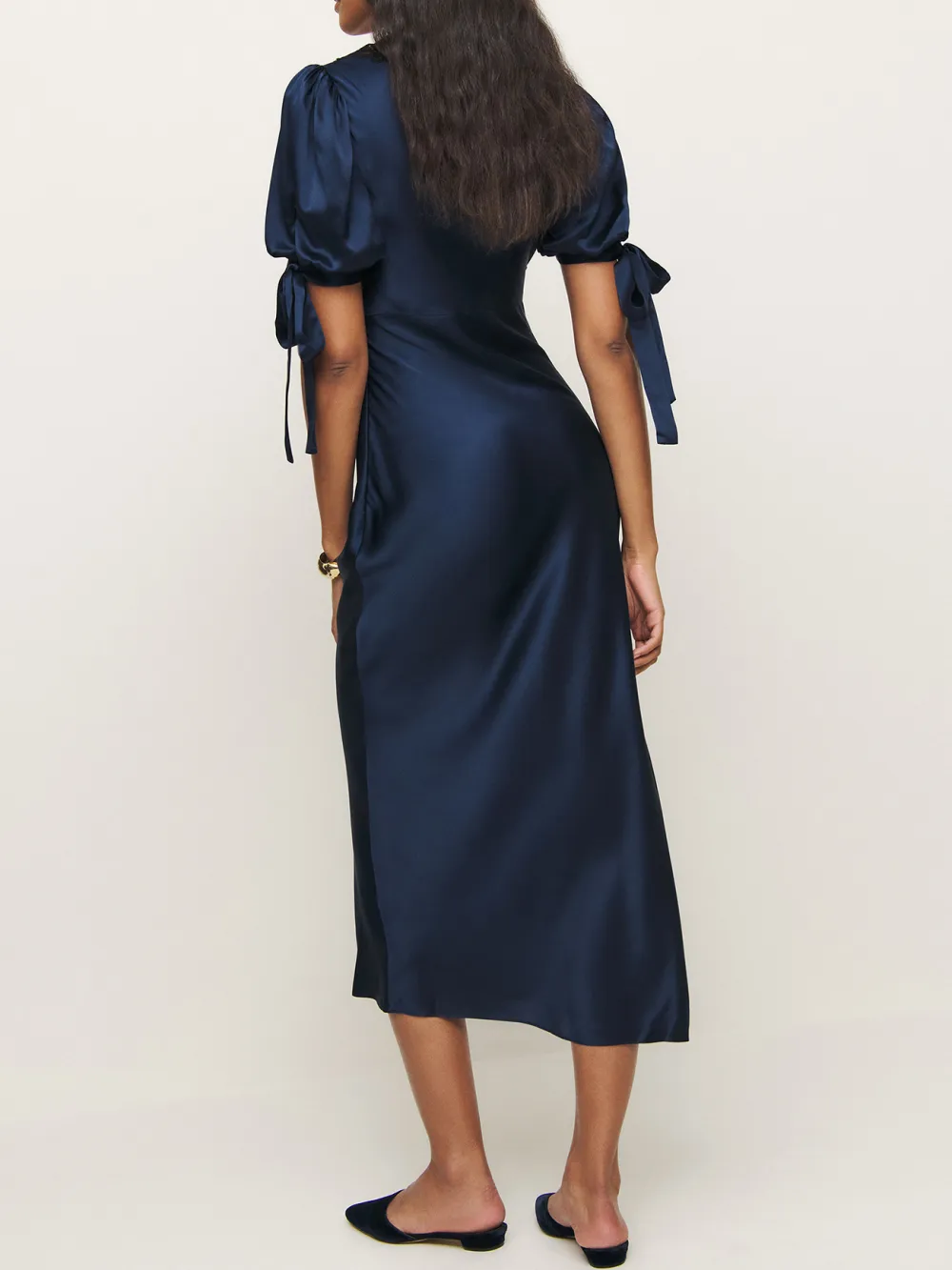 Lace Trimmed Tie Sleeve Silk Midi Dress