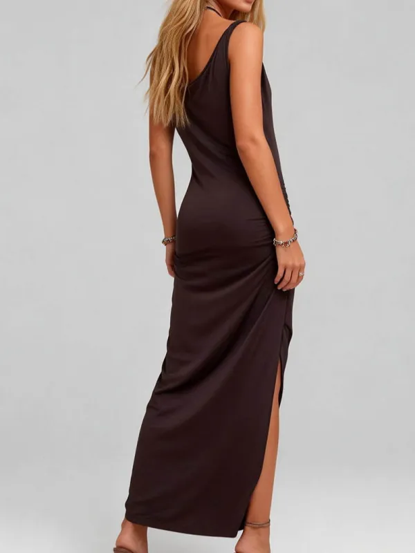 One Shoulder Side Split Ruched Bodycon Maxi Dress