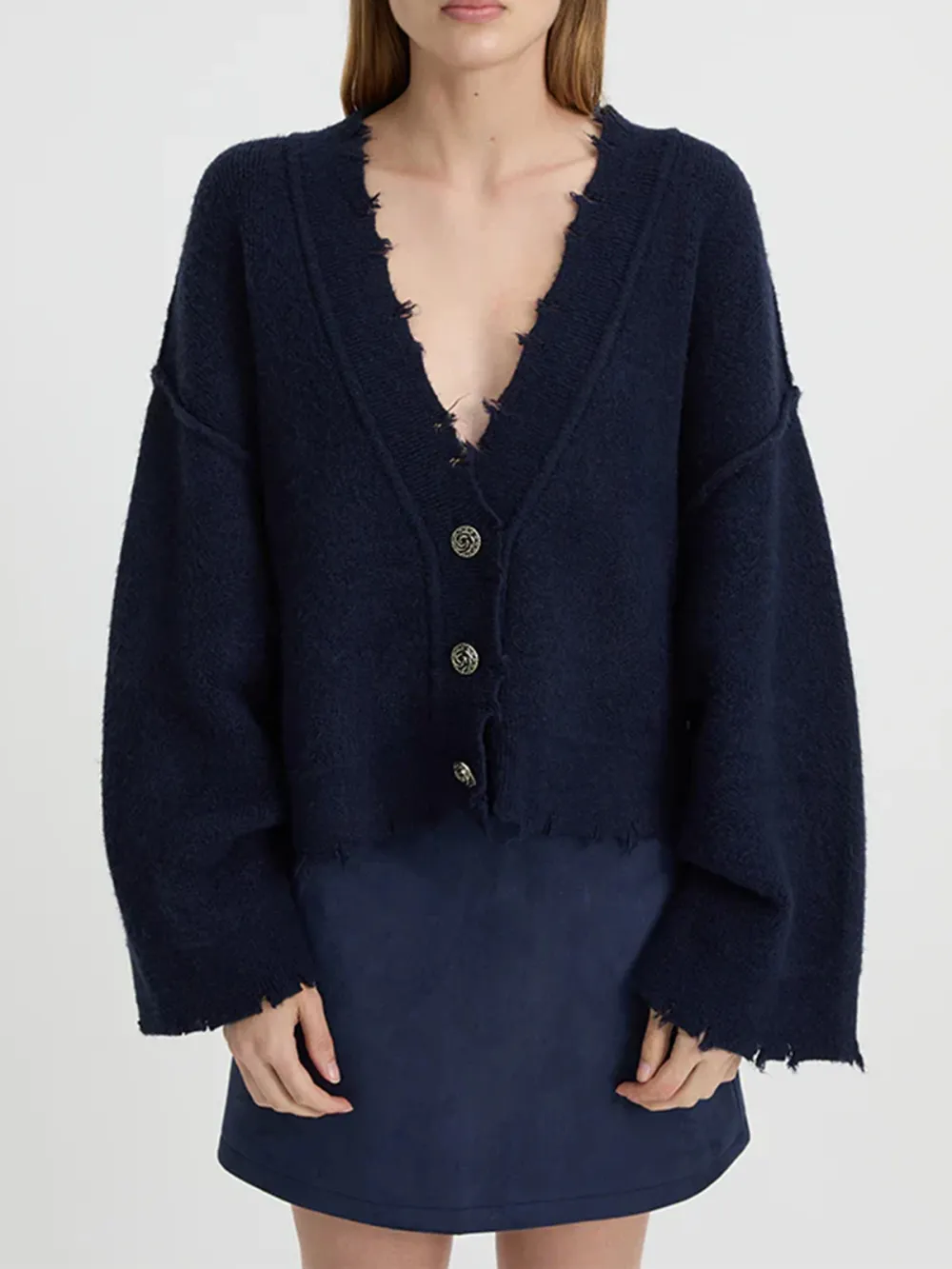 Casual Style V-neck Cardigan Navy