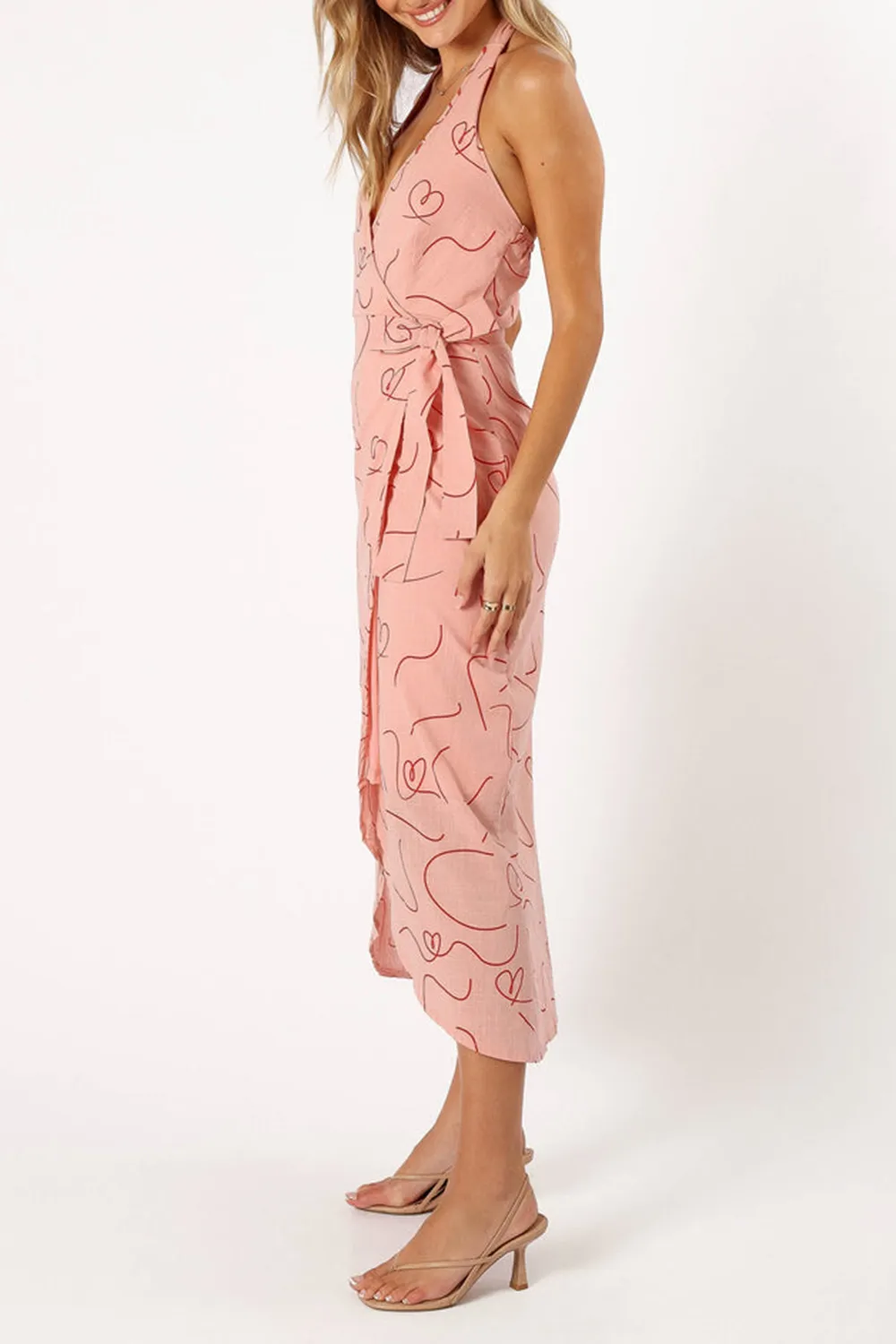 STRIPED PRINT WRAP MIDI  DRESS