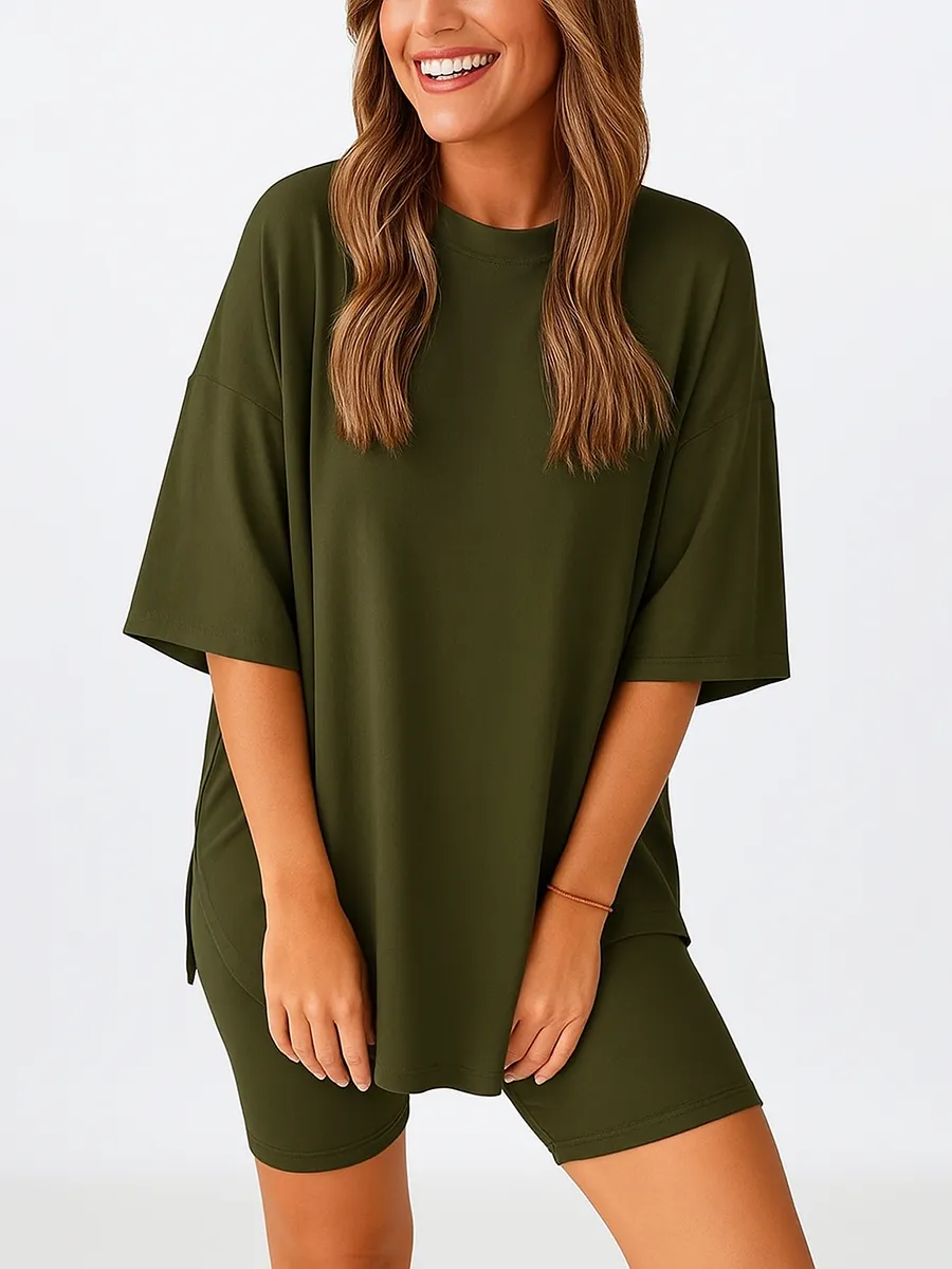 Women'S Summer Two-Piece Set 2025 Casual Oversized Shirts Biker Shorts Matching Airport Travel Outfit Split Hem Lounge