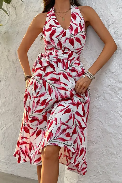 V Neck Tie Waist Midi Dress