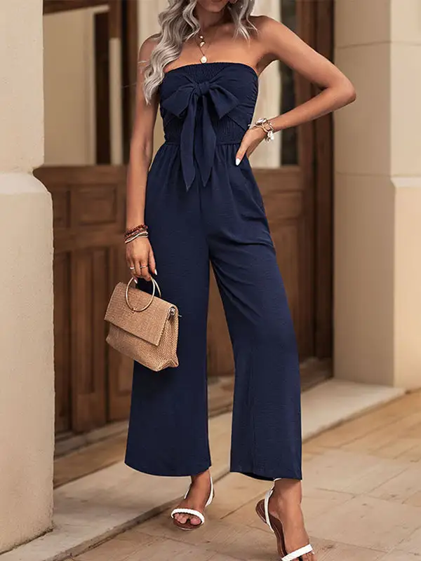 Mouwloze Geplooide Effen Kleur Split Joint Tube Jumpsuits