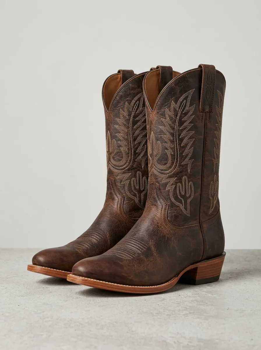 Men's Western Cowboy Cactus Embroidered Leather Boots